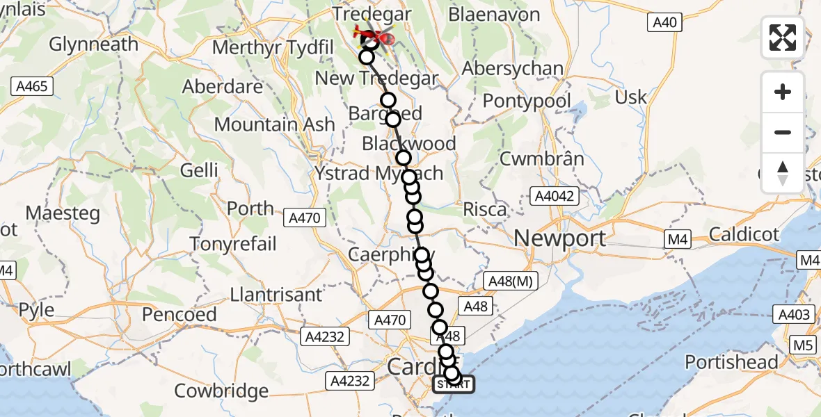 Flight route Air Ambulance Helicopter Cardiff Heliport - Tredegar, 06 May 2026, 05:09