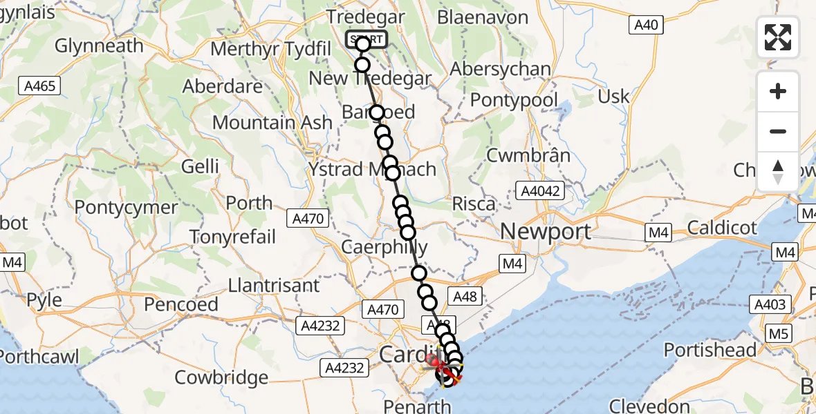 Flight route Air Ambulance Helicopter Tredegar - Cardiff Heliport, 06 May 2026, 06:04