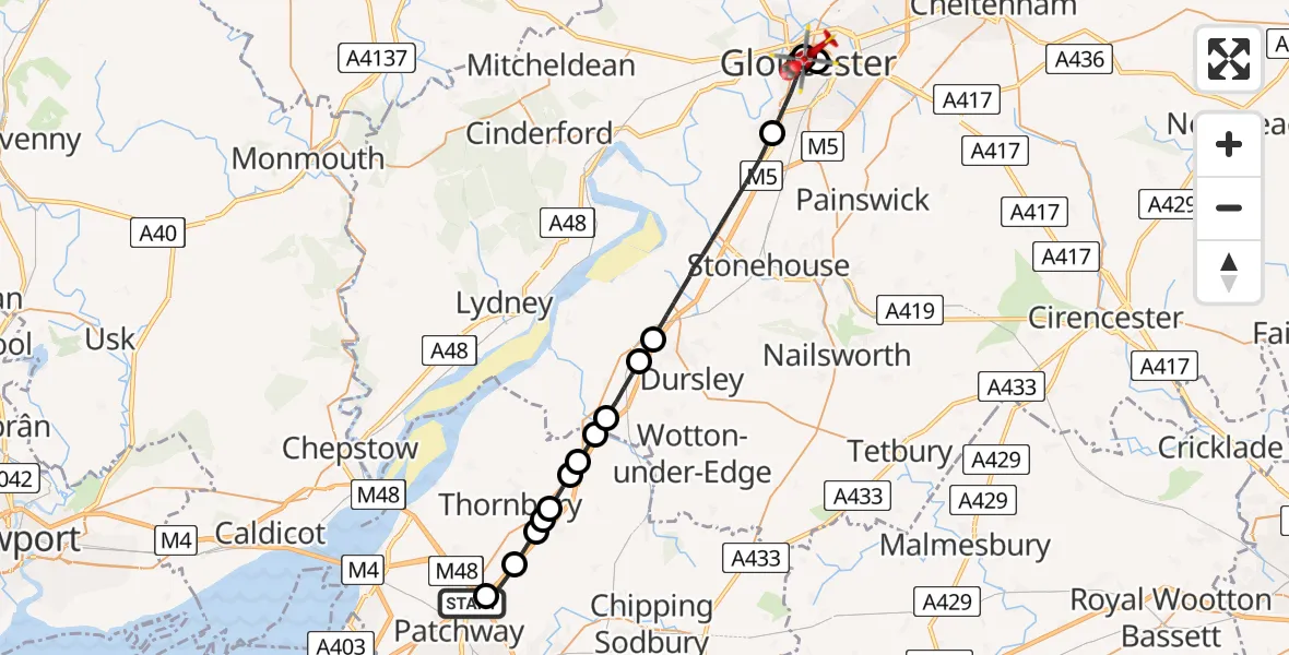 Flight route Air Ambulance Helicopter Almondsbury Helicopter Base - Gloucester, 06 May 2026, 06:35
