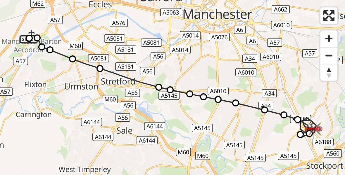 Flight route Air Ambulance Helicopter Manchester Barton Aerodrome - Stockport, 06 May 2026, 06:51