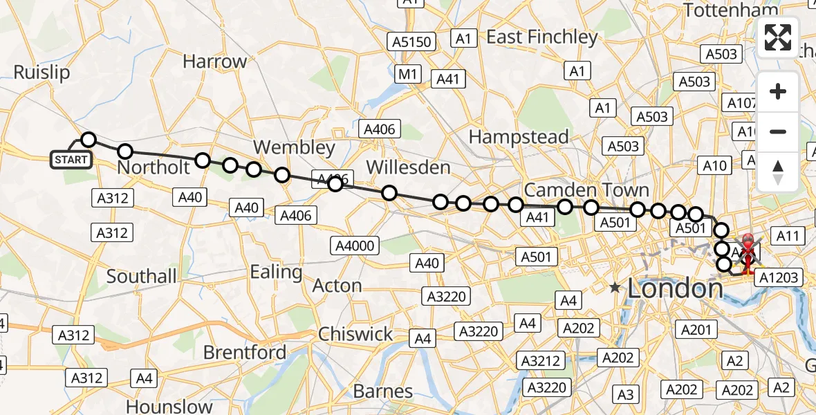 Flight route Air Ambulance Helicopter RAF Northolt - Royal London Hospital, 06 May 2026, 07:07