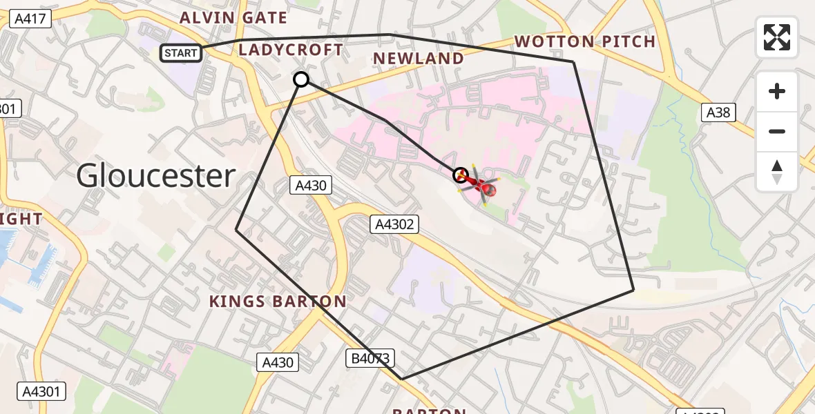 Flight route Air Ambulance Helicopter Gloucester - Gloucester, 06 May 2026, 07:22
