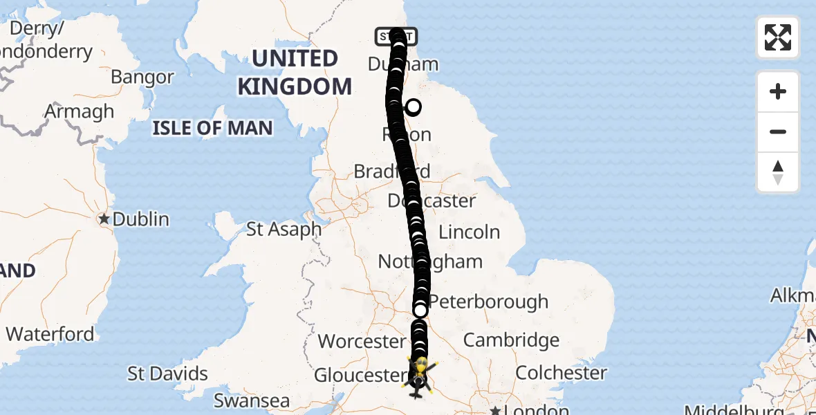 Flight route Police Helicopter Newcastle International Airport - Begbroke, 06 May 2026, 07:30