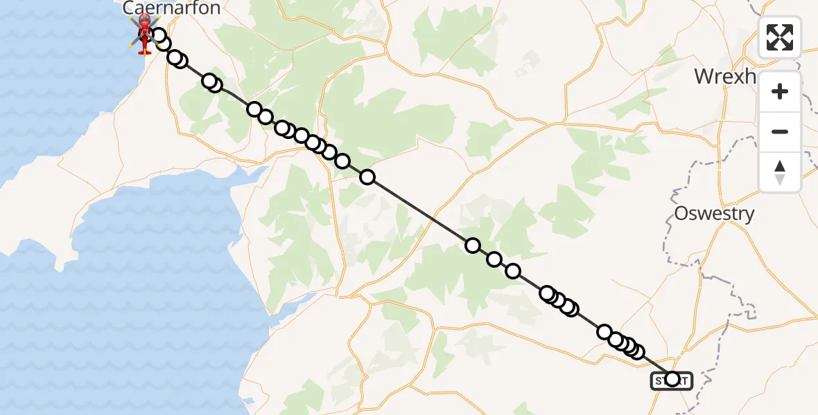 Flight route Air Ambulance Helicopter Welshpool Airport - Caernarfon Airport, 06 May 2026, 07:41