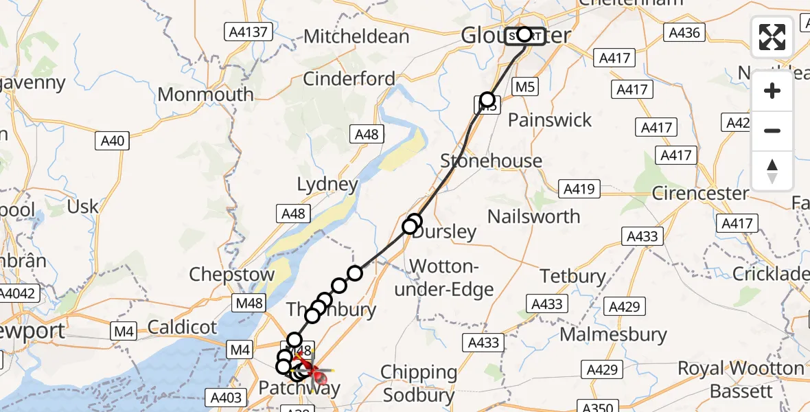 Flight route Air Ambulance Helicopter Gloucester Royal Hospital - Almondsbury Helicopter Base, 06 May 2026, 07:45