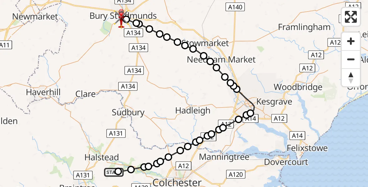 Flight route Air Ambulance Helicopter Earls Colne Airfield - Bury St Edmunds, 06 May 2026, 08:06