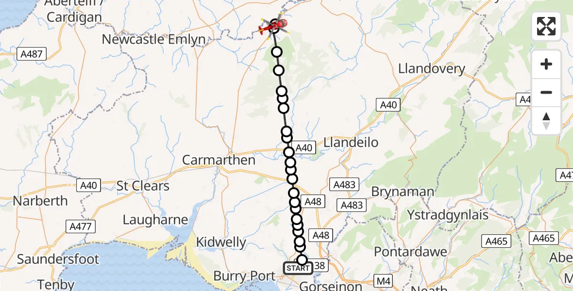 Flight route Air Ambulance Helicopter Dafen - Llanllwni, 06 May 2026, 08:24