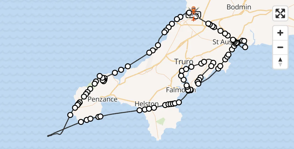 Flight route Coastguard Helicopter Cornwall Airport Newquay - Cornwall Airport Newquay, 06 May 2026, 08:33
