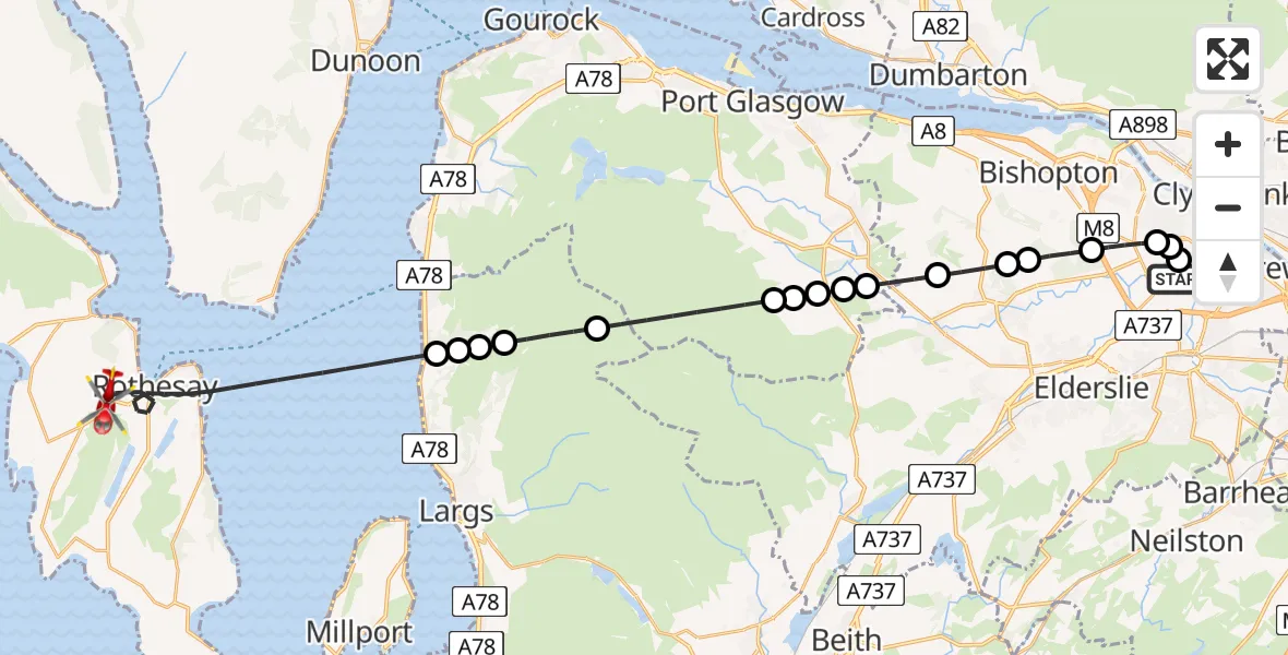 Flight route Air Ambulance Helicopter Glasgow Airport - Inner Seas, 06 May 2026, 08:36