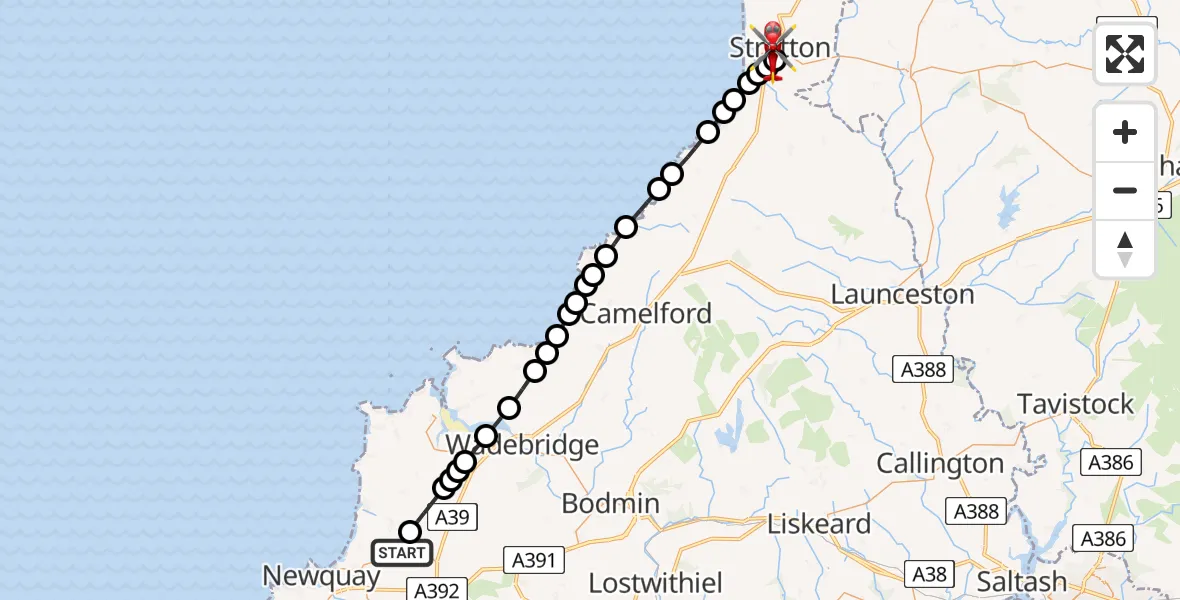 Flight route Air Ambulance Helicopter Cornwall Airport Newquay - Stratton, 06 May 2026, 09:03
