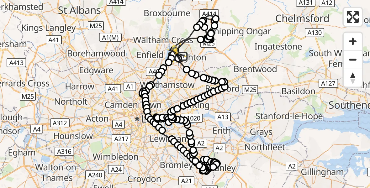 Flight route Police Helicopter Metropolitan Police Air Support Unit Lippitts Hill - Sewardstonebury, 06 May 2026, 09:07