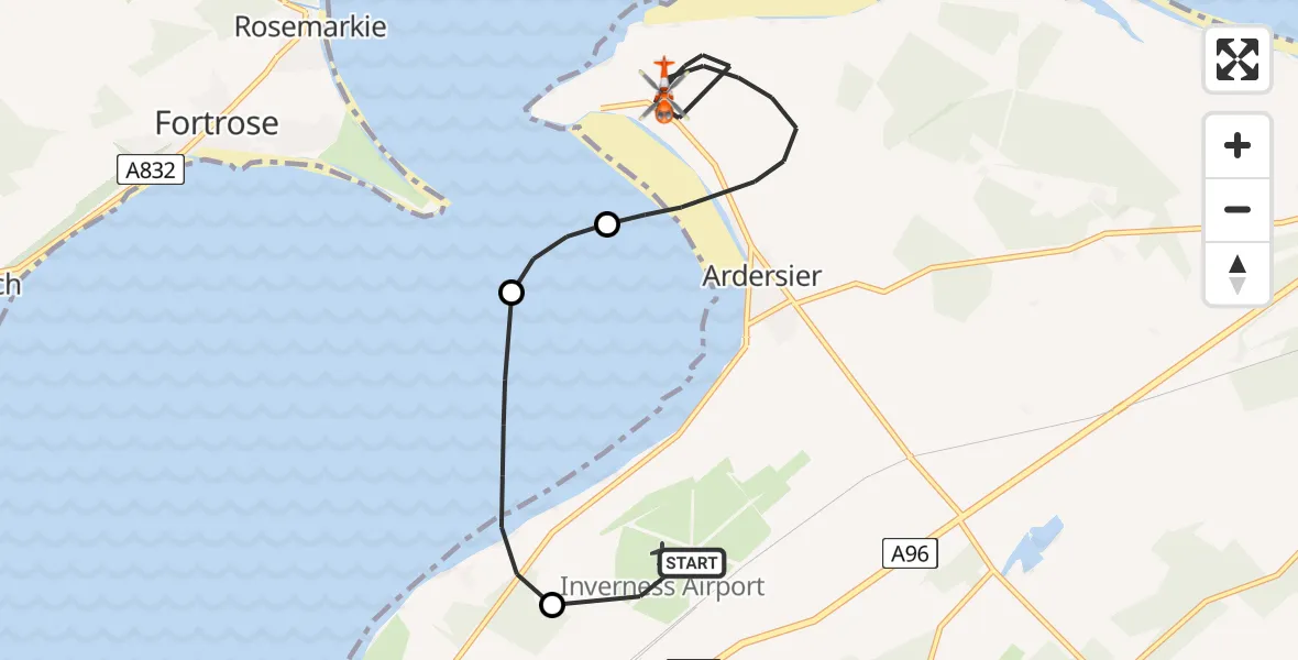 Flight route Coastguard Helicopter Inverness Airport - Ardersier, 06 May 2026, 09:11