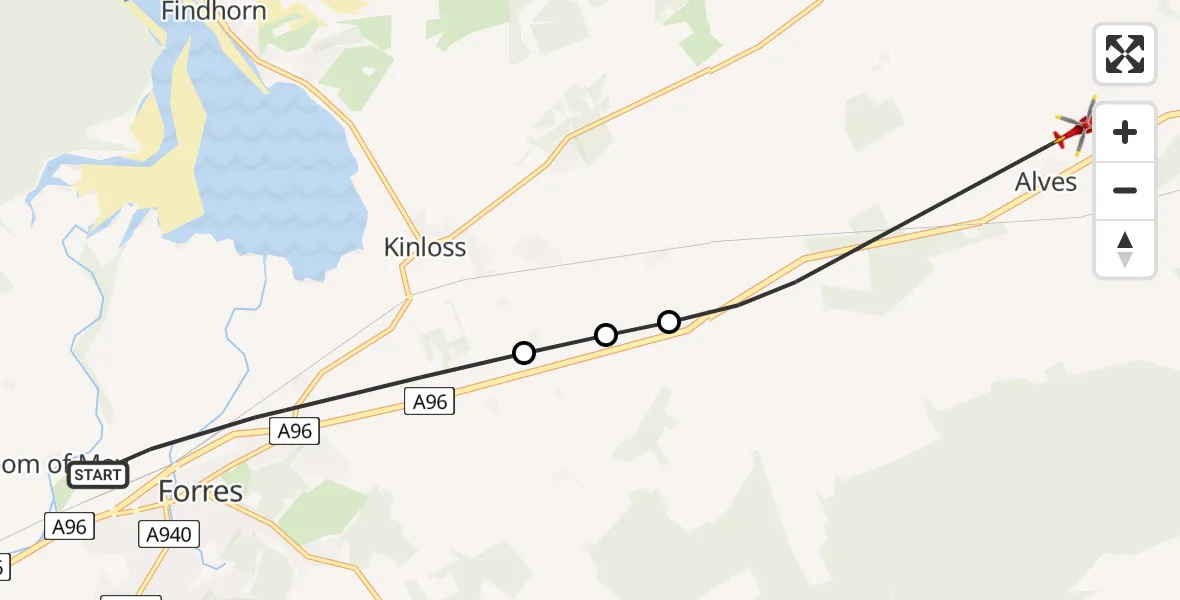 Flight route Air Ambulance Helicopter Forres - Alves, 06 May 2026, 09:32