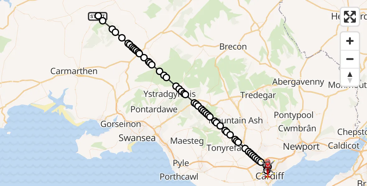 Flight route Air Ambulance Helicopter Llanybydder - Mynachdy, 06 May 2026, 09:33