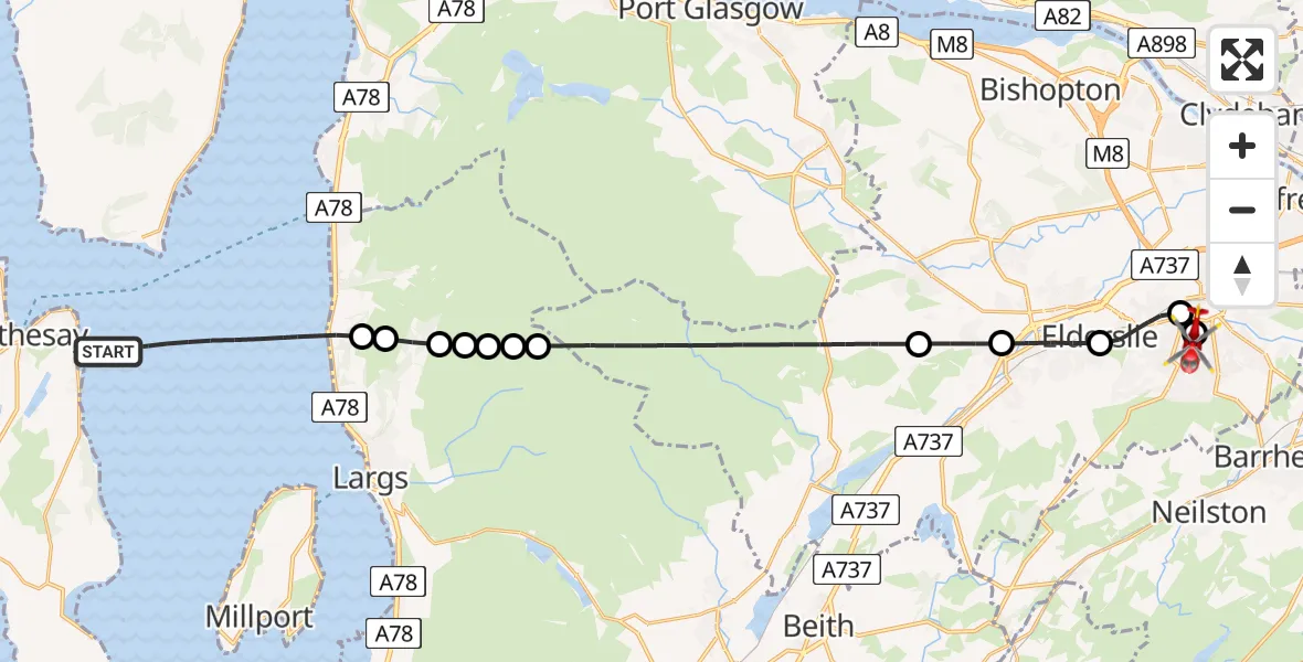 Flight route Air Ambulance Helicopter Inner Seas - Royal Alexandria Hospital Paisley, 06 May 2026, 09:34
