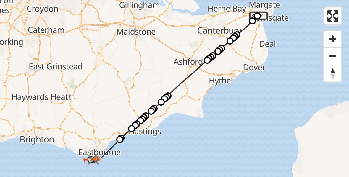 Flight route Coastguard Helicopter Manston Airport - Eastbourne, 06 May 2026, 09:42