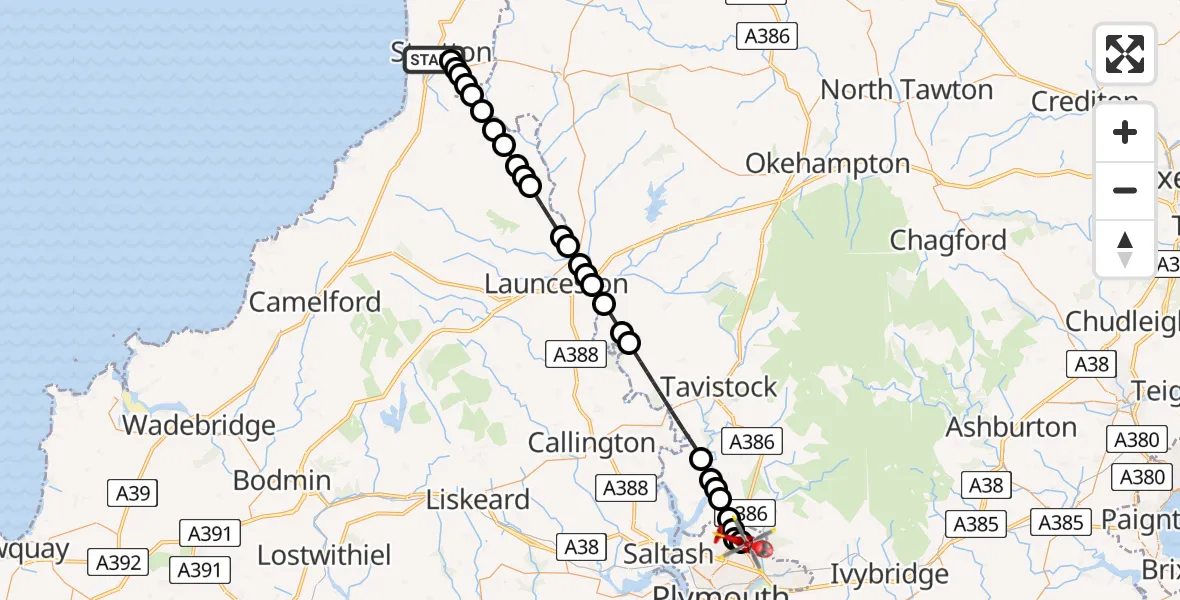 Flight route Air Ambulance Helicopter Stratton - Derriford Hospital, 06 May 2026, 09:57