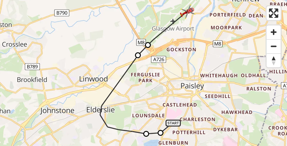Flight route Air Ambulance Helicopter Royal Alexandria Hospital Paisley - Glasgow Airport, 06 May 2026, 10:09