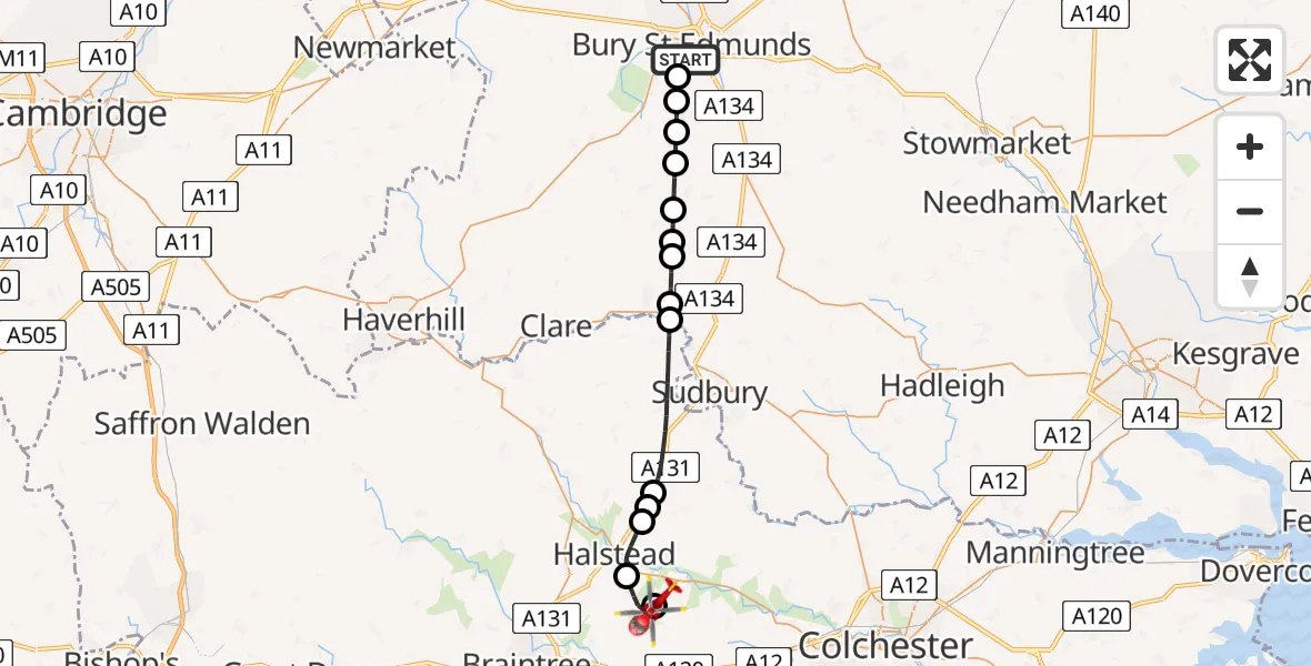 Flight route Air Ambulance Helicopter Bury St Edmunds - Earls Colne Airfield, 06 May 2026, 10:18