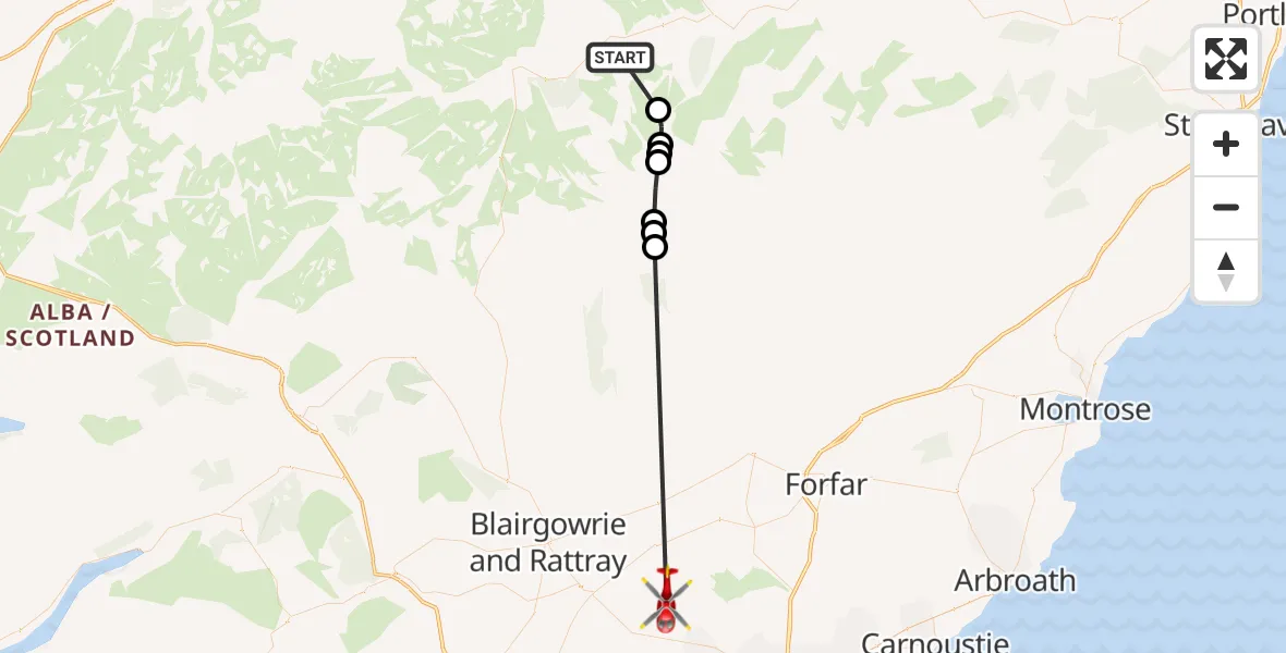 Flight route Air Ambulance Helicopter Crathie - Thriepley, 06 May 2026, 10:27