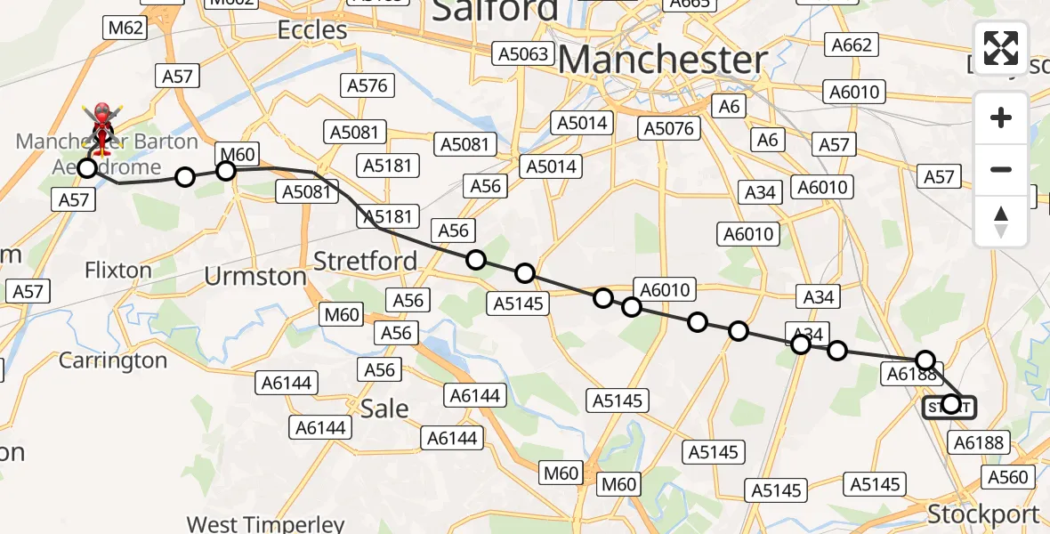 Flight route Air Ambulance Helicopter Stockport - Manchester Barton Aerodrome, 06 May 2026, 10:35