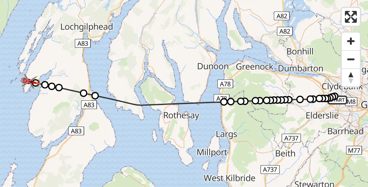 Flight route Air Ambulance Helicopter Glasgow Airport - Inner Seas, 06 May 2026, 11:09