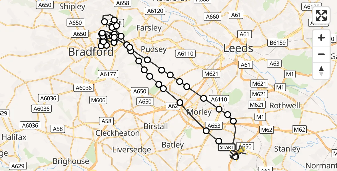 Flight route Police Helicopter East Ardsley - Wrenthorpe, 06 May 2026, 11:12