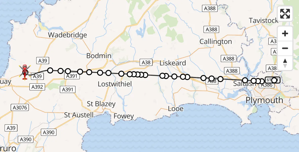 Flight route Air Ambulance Helicopter Derriford Hospital - Cornwall Airport Newquay, 06 May 2026, 11:15