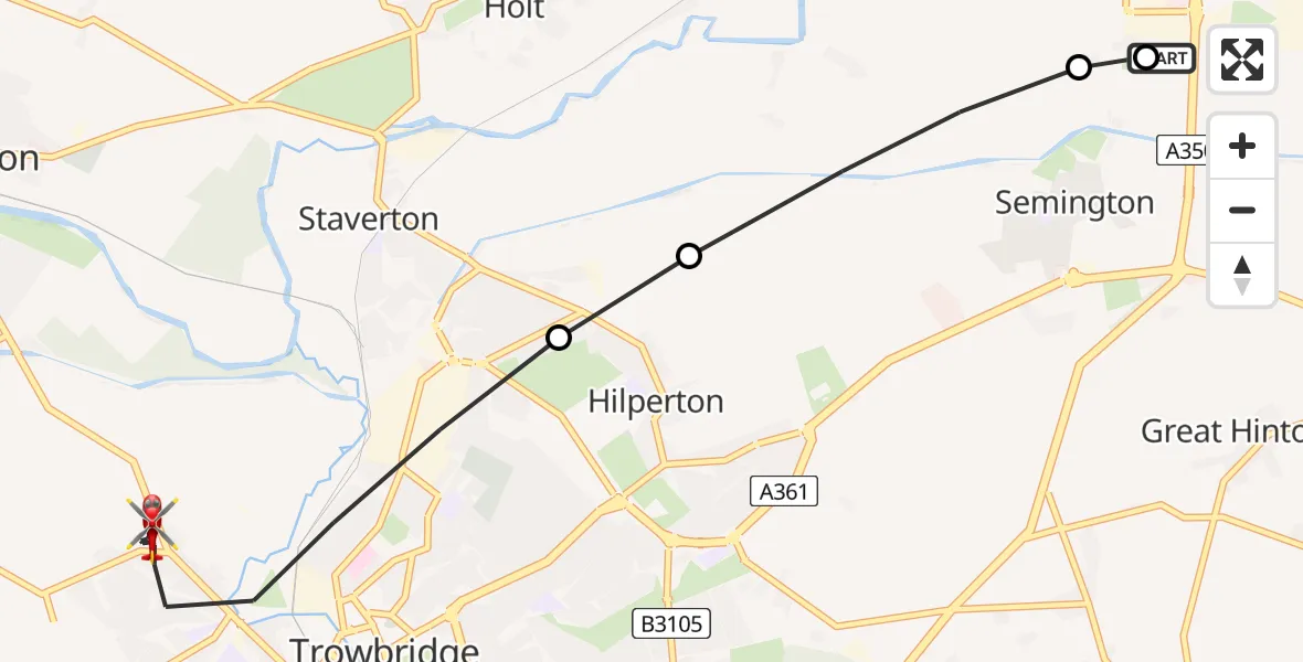 Flight route Air Ambulance Helicopter Wiltshire Air Ambulance - Trowbridge, 06 May 2026, 11:19