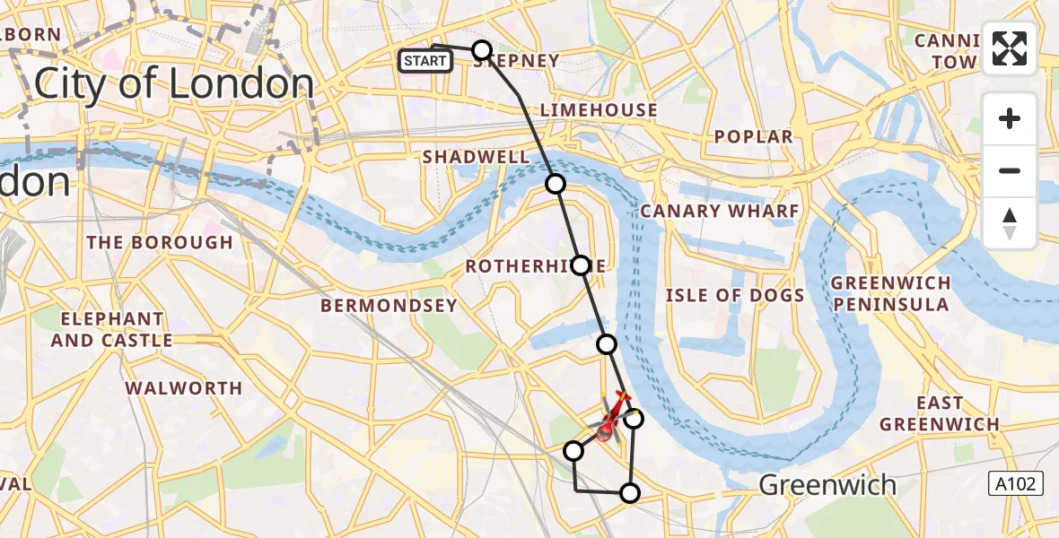 Flight route Air Ambulance Helicopter Royal London Hospital - Lewisham, 06 May 2026, 11:19