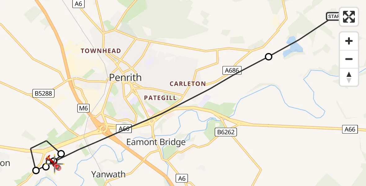 Flight route Air Ambulance Helicopter Edenhall - Penrith, 06 May 2026, 11:27