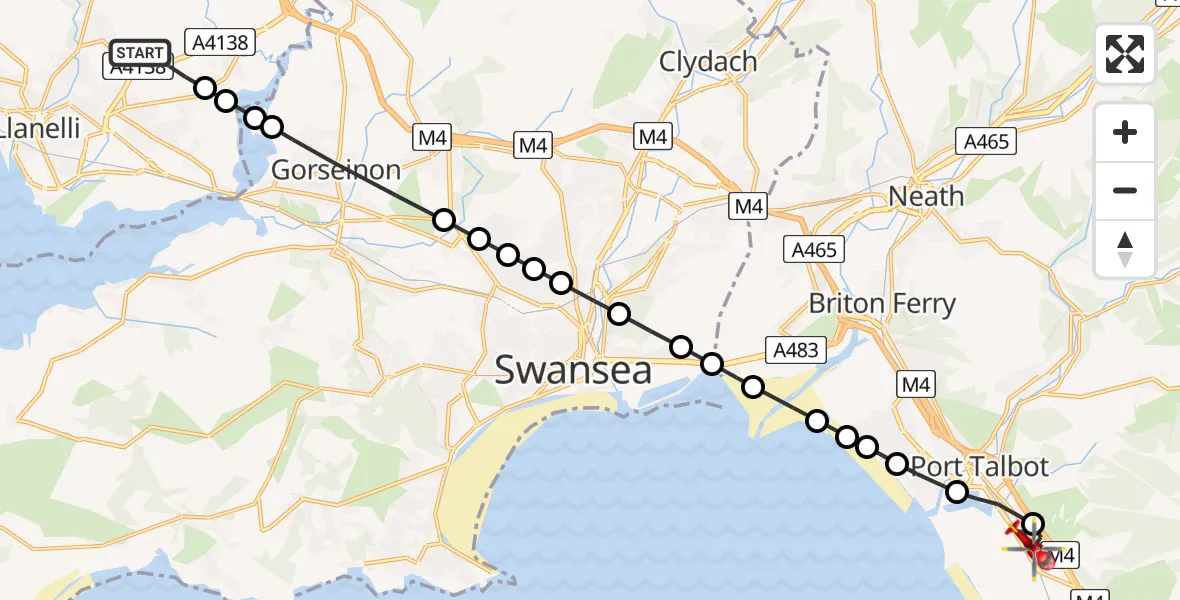 Flight route Air Ambulance Helicopter Dafen - Margam, 06 May 2026, 11:33