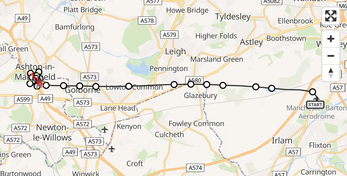 Flight route Air Ambulance Helicopter Manchester Barton Aerodrome - St Helens, 06 May 2026, 11:37