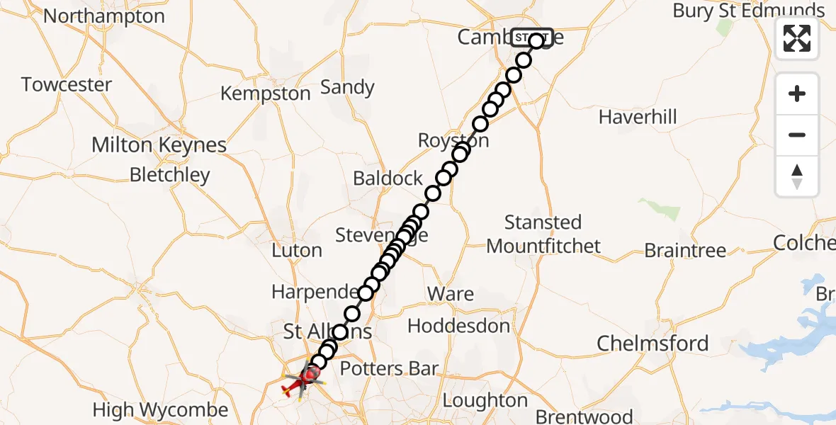 Flight route Air Ambulance Helicopter Cambridge City Airport - Watford, 06 May 2026, 11:37