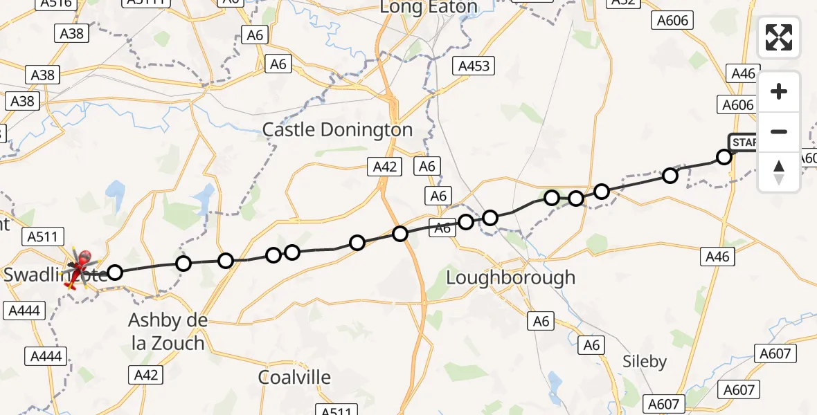 Flight route Air Ambulance Helicopter Rushcliffe - Swadlincote, 06 May 2026, 11:43