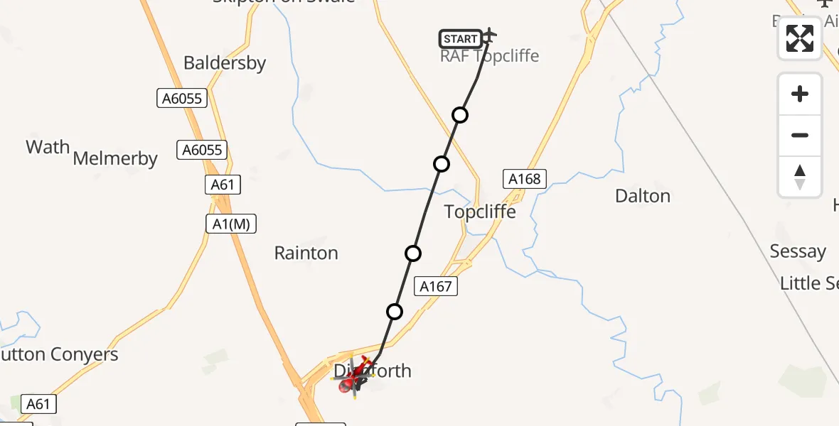Flight route Air Ambulance Helicopter RAF Topcliffe - Dishforth, 06 May 2026, 11:51