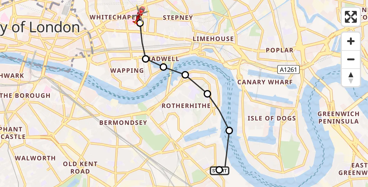 Flight route Air Ambulance Helicopter New Cross - Royal London Hospital, 06 May 2026, 12:05