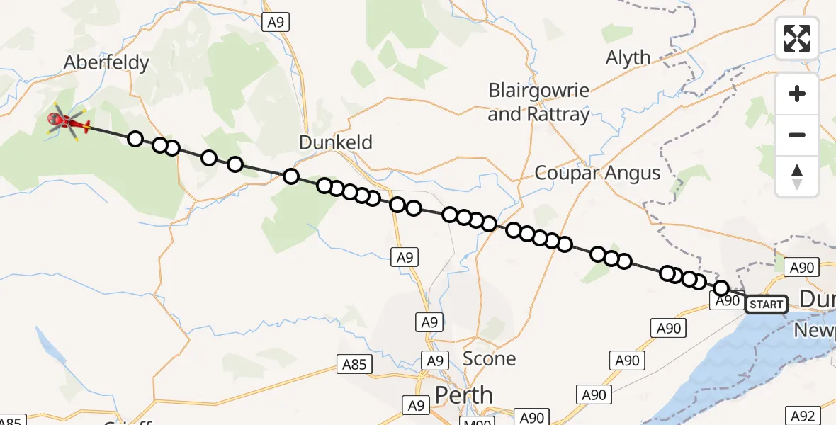Flight route Air Ambulance Helicopter Invergowrie - Aberfeldy, 06 May 2026, 12:15