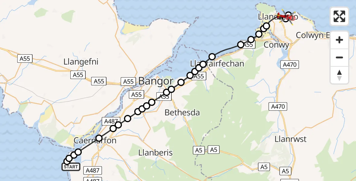 Flight route Air Ambulance Helicopter Caernarfon Airport - Llandudno, 06 May 2026, 12:24