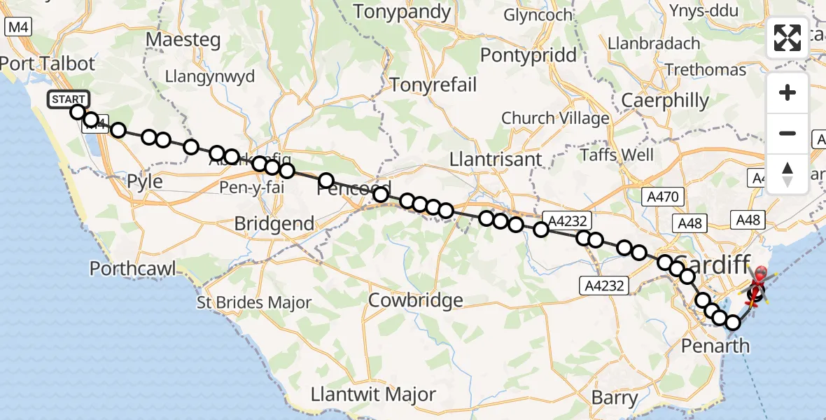 Flight route Air Ambulance Helicopter Margam - Cardiff Heliport, 06 May 2026, 12:25
