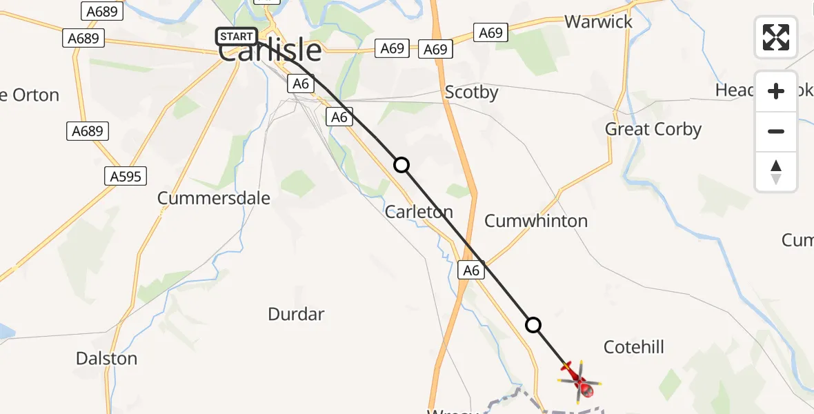 Flight route Air Ambulance Helicopter Carlisle - Wetheral, 06 May 2026, 12:26