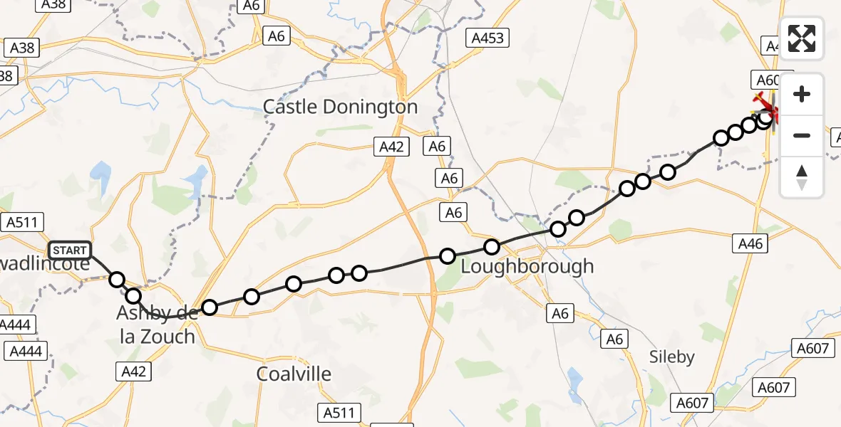 Flight route Air Ambulance Helicopter Swadlincote - Nottingham Heliport, 06 May 2026, 12:41