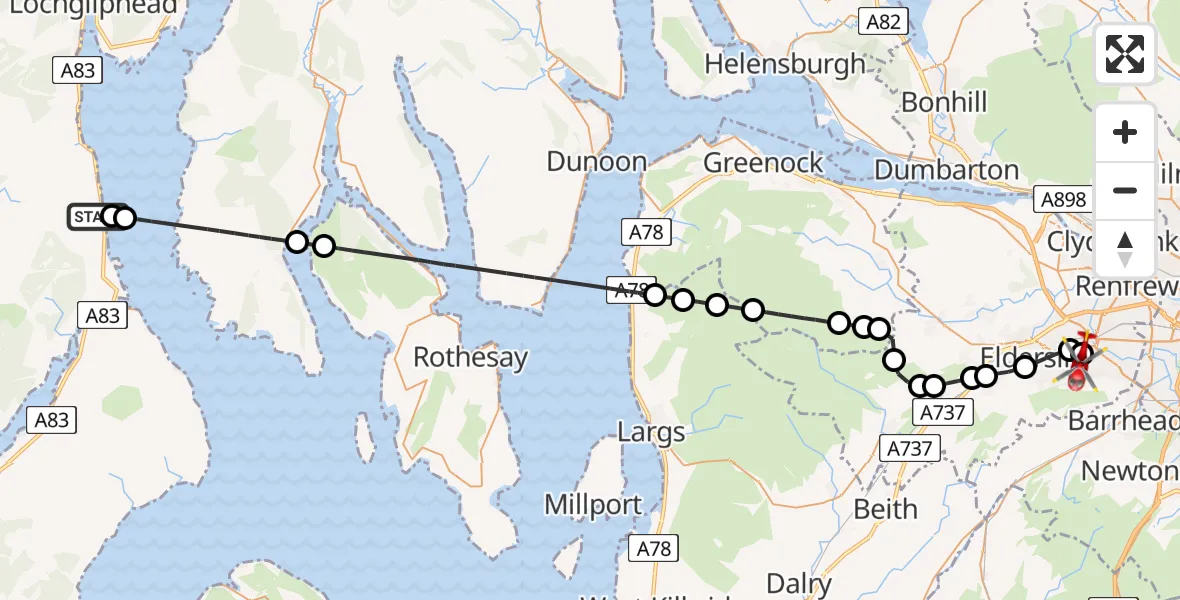 Flight route Air Ambulance Helicopter Argyll and Bute - Royal Alexandria Hospital Paisley, 06 May 2026, 12:41