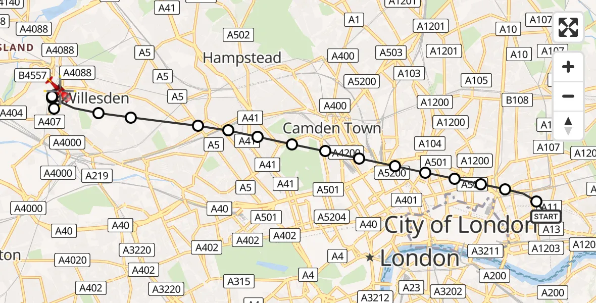 Flight route Air Ambulance Helicopter Royal London Hospital - Brent, 06 May 2026, 12:44
