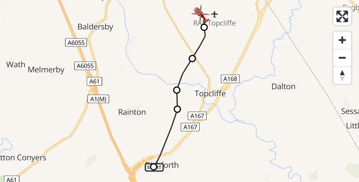 Flight route Air Ambulance Helicopter Dishforth Village Airfield - RAF Topcliffe, 06 May 2026, 12:46