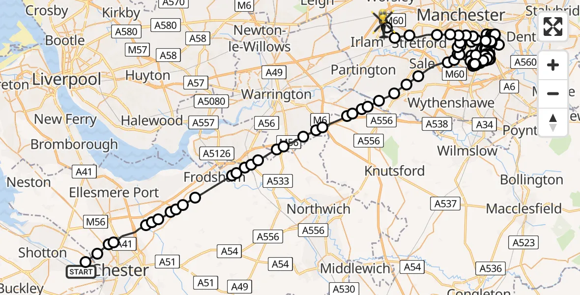 Flight route Police Helicopter Saltney Ferry - Manchester Barton Aerodrome, 06 May 2026, 12:54