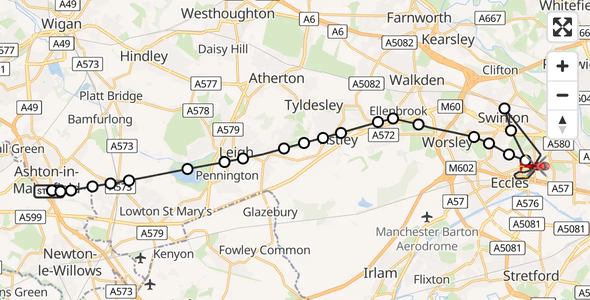 Flight route Air Ambulance Helicopter Ashton-in-Makerfield - Eccles, 06 May 2026, 13:14