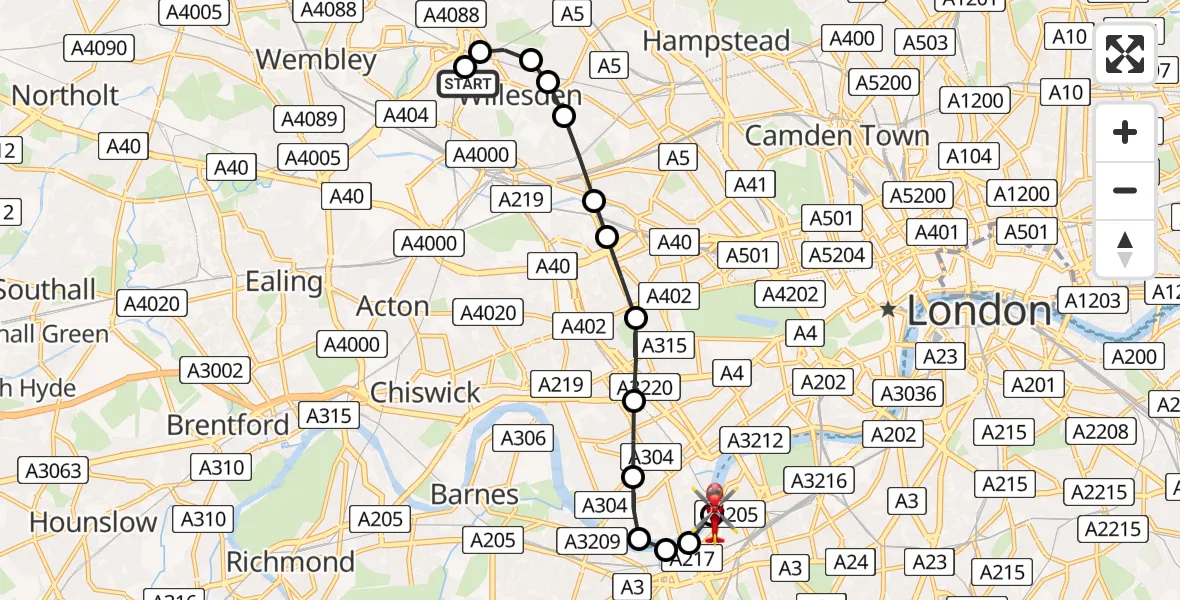Flight route Air Ambulance Helicopter Harlesden - London Heliport, 06 May 2026, 13:31