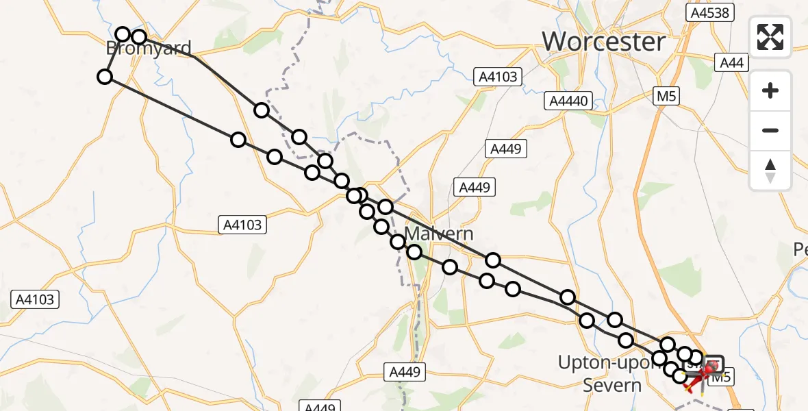 Flight route Air Ambulance Helicopter Hill Croome - Upper Strensham, 06 May 2026, 13:35