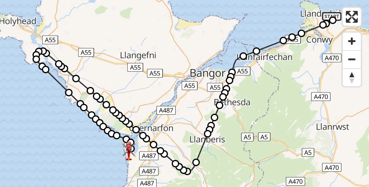 Flight route Air Ambulance Helicopter Llandudno - Caernarfon Airport, 06 May 2026, 13:47